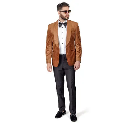 Gold Shawl Lapel VELVET Jacket Slim Fit Tuxedo 1 Button Black Pants BY AZAR MAN • $119