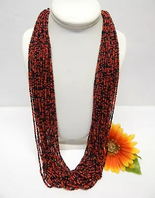 Vintage Multi Strand Silver Tone Red Coral & Black Onyx Seed Bead Necklace 29  • $10.50