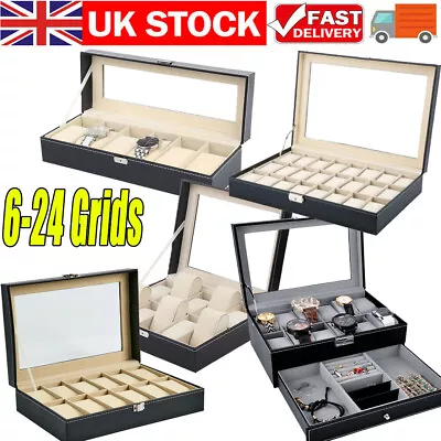 6/10/12/20/24 Grids Watch Box Case Jewelry Collection Display Storage Holder Men • £9.97