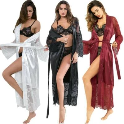$16.43 • Buy Women Sexy Satin Silk Bathrobe Kimono Lace Lingerie Bride Dressing Gown Nightie