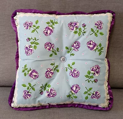 THROW PILLOW Vintage Hankie Cottage Purple Rose Blue White Green Handmade 12X12 • $4.79