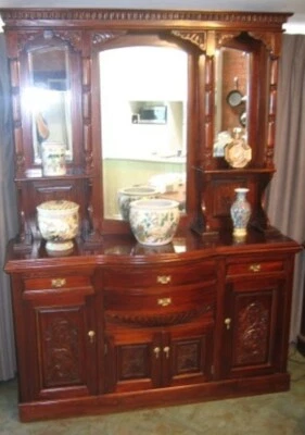 $1295 • Buy Vintage Solid Mahogany Sideboard/ Buffet Hutch/ Display Cabinet