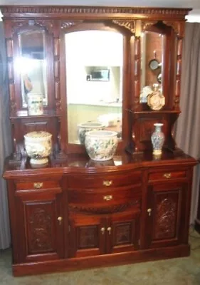 Vintage Solid Mahogany Sideboard/ Buffet Hutch/ Display Cabinet • $1295