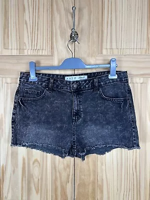 Denim Shorts 16 Womens Black Acid Wash Jean Raw Hem High Waist Pockets • £9