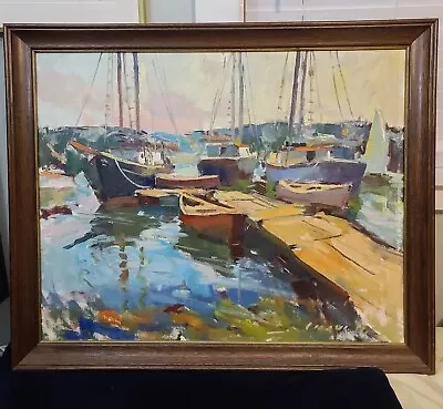 Charles Movalli Original Acrylic Painting On Canvas Boats By Dock Framed 28 X33  • $4285