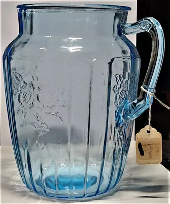   Mayfair  Aka  Open Rose  Blue 8.5  80oz Pitcher From Hocking Glass 1931-1937 • $225