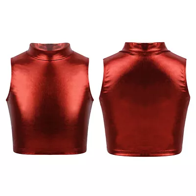 UK Kids Girls Shiny Metallic Turtleneck Crop Tank Top Jazz Vest Dance Costume  • £6.89