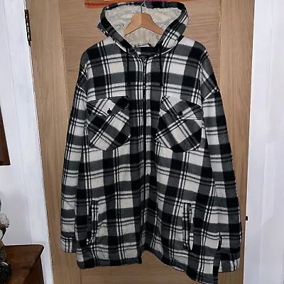 JBC Flannel Coat Sherpa Fleece Lined Plaid Lumberjack Hooded Jacket Grey 3XL • £7.15