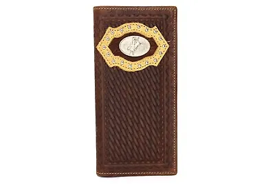 Western Bifold Wallet Coffee Checbook Genuine Leather Silver Bull Rider Wallet • $35.99