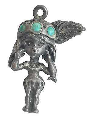 VTG Native American Indian Girl Pewter Silver Tone Metal Turquoise Stone Pendant • $19.99