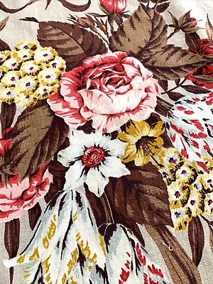 Vintage Mid Century BARKCLOTH Fabric Panel PINK Peony Yellow White Reclaimed • $39.99
