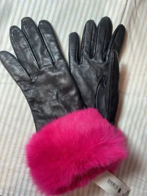 AQUA Women's Rabbit Fur-Cuff Genuine Leather Gloves Black/Pink 18371 Size 7 • $79.99