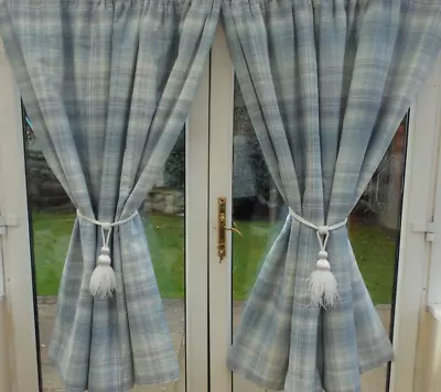 Laura Ashley Bespoke Williams Check Chalk Blue Interlined Curtains • £140