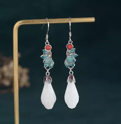 Jade Drop Dangle Earrings Bohemian Cloisonne Gemstone Hook 18K White Gold Plated • $12.95