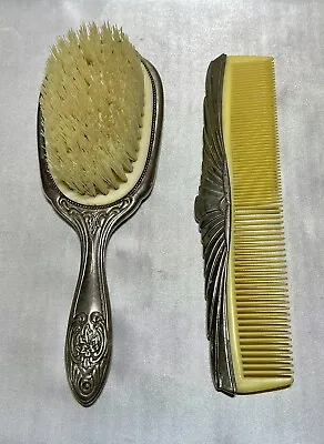 Vintage Silver Plated Heavy Handheld Brush And Comb Set Vanity • $7.99