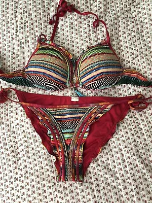 Red Rainbow Stripe BIKINI Halter Tie Padded Swim Beach Set 34B M 10-12 • £10