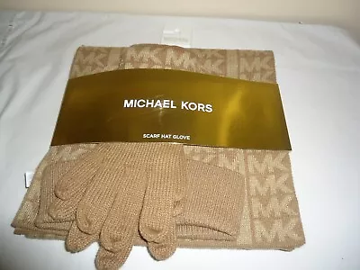 New MICHAEL KORS Brown & Gold 3-Piece Set Knit Scarf Hat & Gloves $148 • $40