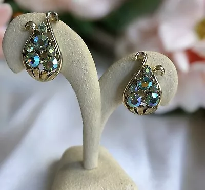 Vintage Coro Clip On Blue Green Aurora Borealis Earrings Gold Collector Bling • $14.99