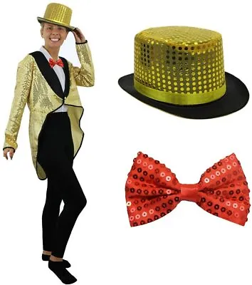 £19.99 • Buy Gold Sequin Tailcoat Top Hat & Red Bow Tie Horror Fancy Dress Costume Musical