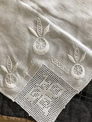 Vintage Arts & Craft Linen 32 By 32 Center Tablecloth Embroidered Crochet Estate • $9.99