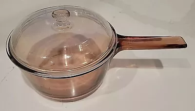 Vintage Pyrex Corning Ware Amber Glass Vision 1.5 Liter Pot & Clear Pyrex Lid • $29.99