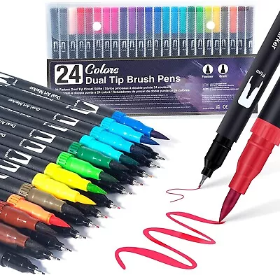 24 Colours Dual Tip Brush Pens Felt Tip Pens Colouring Pens For Adults And Kids • £6.99