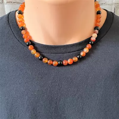 Mens Carnelian And Black Onyx Beaded Necklace • $30