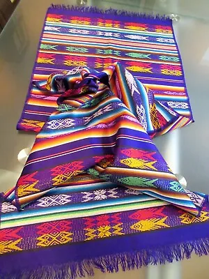 Mexican Maya Aztec Colorful Fringed Table Runner 64  X 19  - Made In Mexico • $40