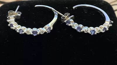 Tanzanite & Diamond Hoop Earrings - 14K White Gold - Excellent Used Condition  • $125