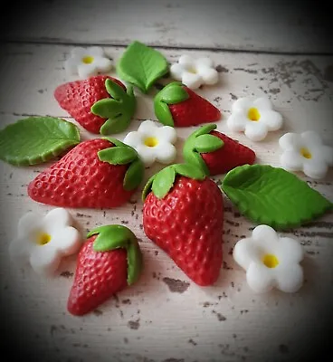 40 X Edible Sugar Strawberries Flowers And Leaves Cake Cupcake Topper • £8.10