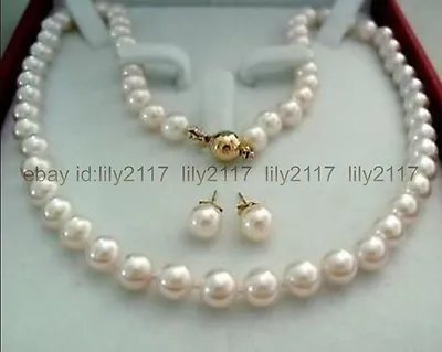 AAA+ 14K Gold Clasp 9-10MM White Akoya Cultured Pearl Necklace Earrings Set 18'' • $23.39
