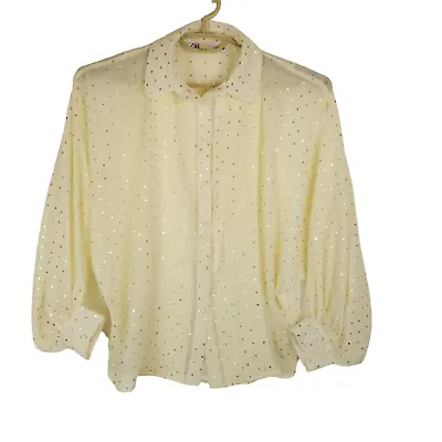 Zara Womens Top Sz XS-S Ivory Gold Polka Dot Batwing Button Front Pin Tuck Sheer • $12.80
