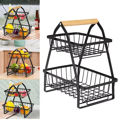 Metal Basket Vegetable Fruit Egg Bowl Holder Spice Storage Rack Wooden Handle UK • £11.95