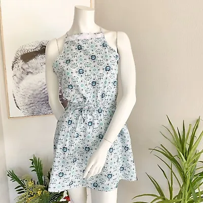 $6.72 • Buy Rhythm Size 10 Dress Cinch Waist High Neck Lace Detail Blue Teal White Pattern
