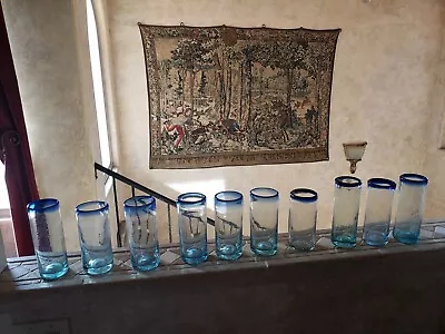 Vintage Mexican Hand Blown Blue Rimmed Tall Drinking Glasses Set Of Ten DEAL • $39