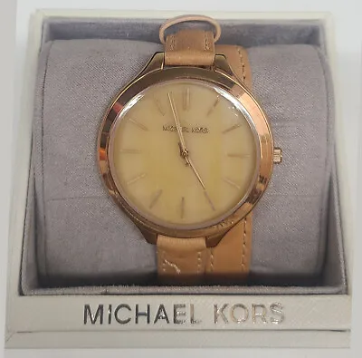 Michael Kors Runway Horn Dial Beige Leather Double Strap Ladies Watch MK2347 • $125