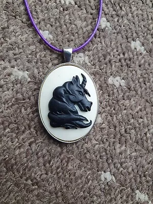 Handmade Necklace Black Unicorn Cameo Pendant On A Cream Cabochon Purple Cord • £3.98