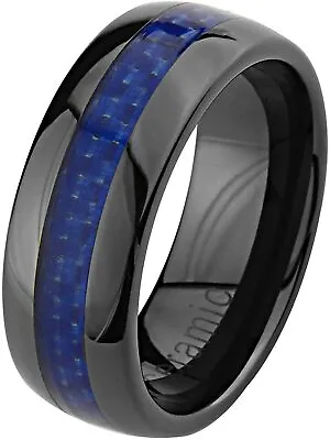 Free Engraving - Men Ceramic Black With Blue Carbon Fiber Wedding Band Ring • $22.46