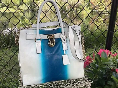 MICHAEL KORS Hamilton Spray Large Leather Shoulder Bag Blue/White • $49.99