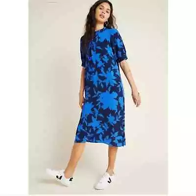 Anthropologie McKenzie Mock Neck Blue Floral Short Sleeve Tunic/Midi Dress M • $68