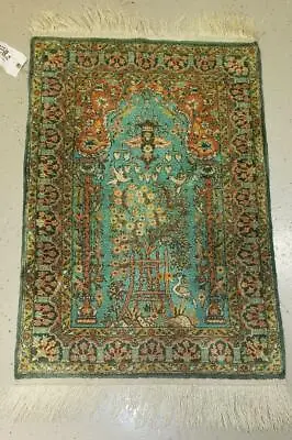 Antique Persian Prayer Rug Handmade Silk Great Colors 3’-6” X 2’ • $4500