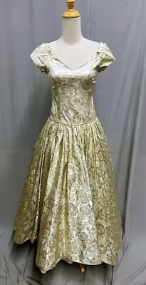 #23-205 1950's Gold Metallic Brocade Tea Length Evening Gown • $75