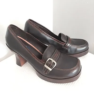 Vtg L.E.I. Omegah Sz 9.5 Heeled Loafers Slip On Chunky Chunky Pumps Buckle Shoes • $42