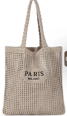 Paris Milano Logo Mesh Knit Crochet Bag Tote Beach Shopper Nude Beige • $50