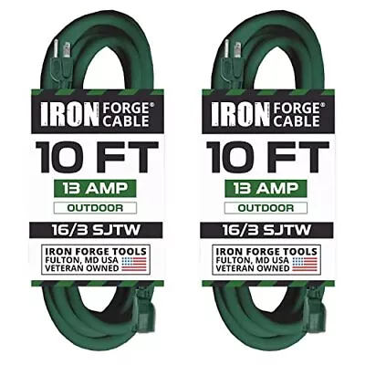 2 Pack 10 Ft Outdoor Extension Cords - 16/3 Durable Green 3 Prong Extension Cord • $17.99
