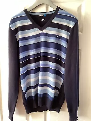 J. LINDEBERG V-Neck Merino Men's L Blue Pullover Shades Of Blue Stripe Front • £29.99