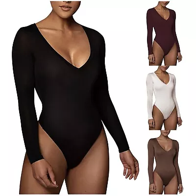 $18.04 • Buy Women's V Neck Long Sleeve Slim Light Bodysuit Leotards Thong Jumpsuit Bottom AU