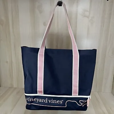 Vineyard Vines Large Beach Tote Bag Blue Pink Recycled Plastic Vented Zip Bottom • $17.49