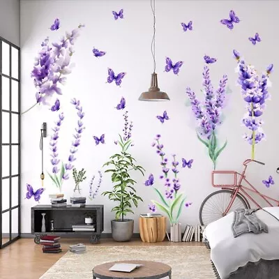 Lavender Flowers Wall Stickers Butterfly Nursery Art Mural Decal Home Decor • £7.99