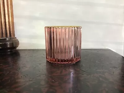 £2 • Buy 1 X Pink Ribbed Glass With Gold Rim Votive Holder